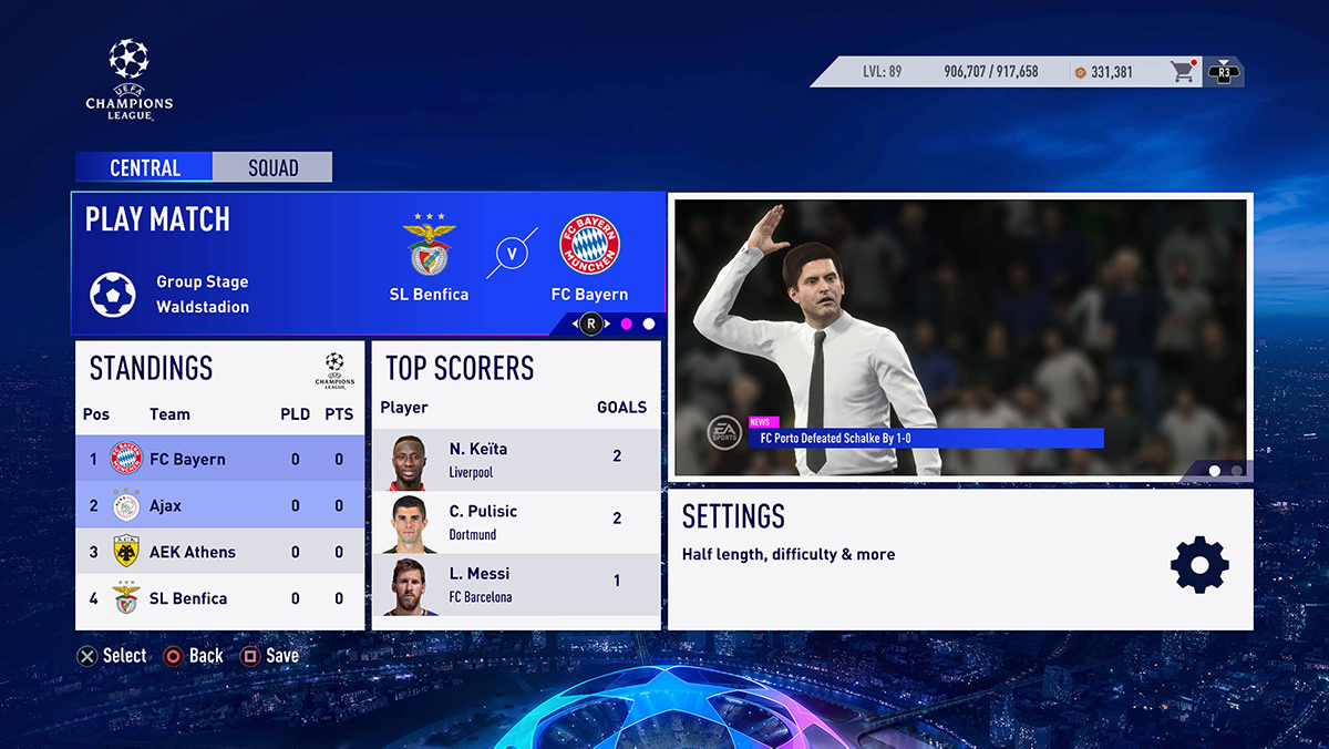 FIFA 19 UEFA Champions League menu